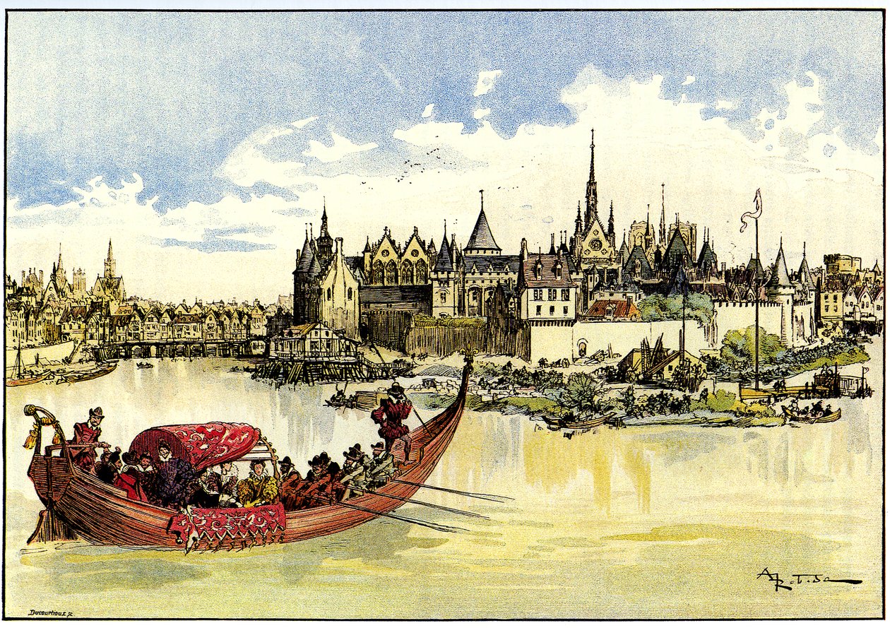 El rey Enrique III en una barca colocando la primera piedra del Pont Neuf sobre el Sena en París, el 31 de mayo. de Albert Robida