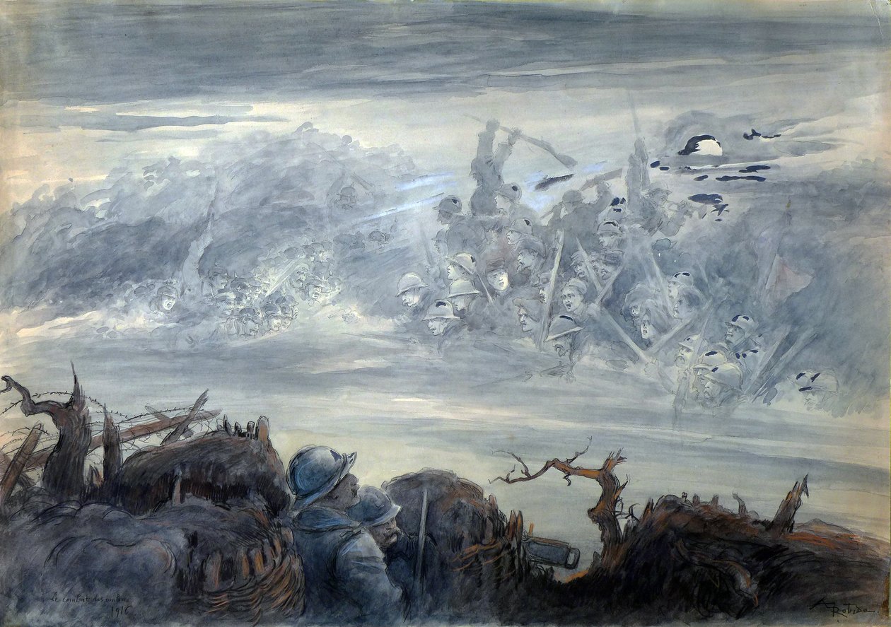 Le combat des ombres: poilus dans une tranchee imaginando un asalto de soldados fantasmales de Albert Robida