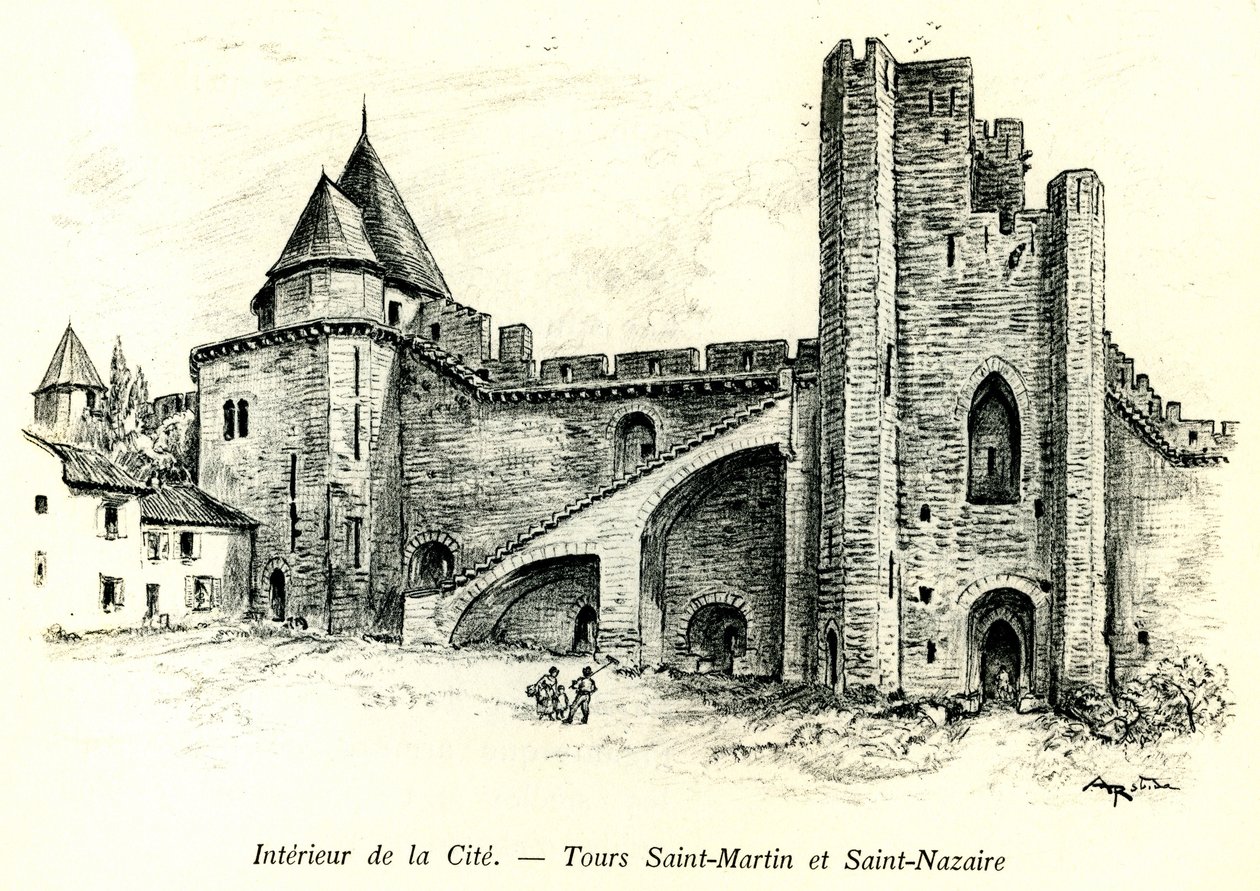 Cité Medievale de Carcassonne (Aude, Languedoc, Pays Cathare) - Tours Saint Martin (San Martín) y Saint Nazaire (San Nazario) con casas adosadas a las murallas - grabado romántico de Albert Robida (1848-1926) en un libro publicado a principios de de Albert Robida