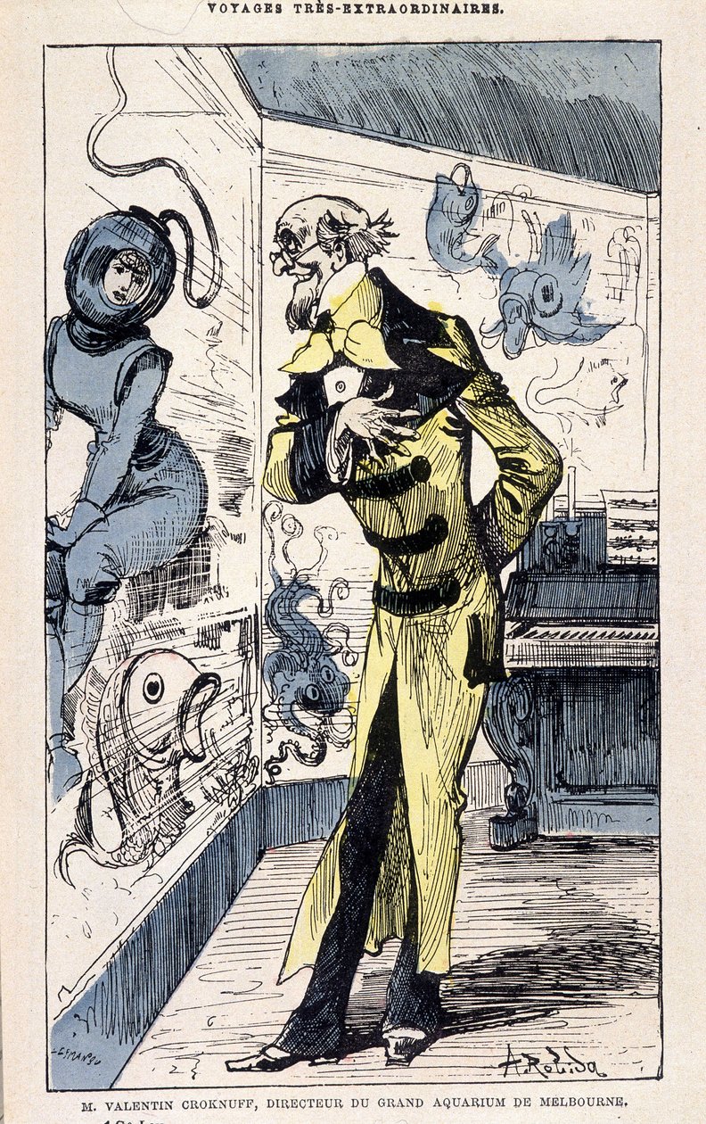 Sr. Valentin Croknuff, director del gran acuario de Melbourne, parodia de Jules Verne, "Viajes muy extraordinarios de Saturnin Farandoul a 5 o 6 partes del mundo y a todos los países conocidos o desconocidos por el Sr. Jules Verne" por Robida, París de Albert Robida