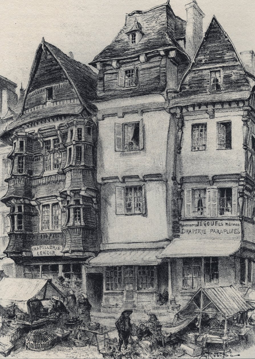 Place du marché en Lannion - La vieja Francia - Bretaña - texto, dibujos y litografías, por Albert Robida (1848-1926) sin fecha finales del siglo XIX de Albert Robida