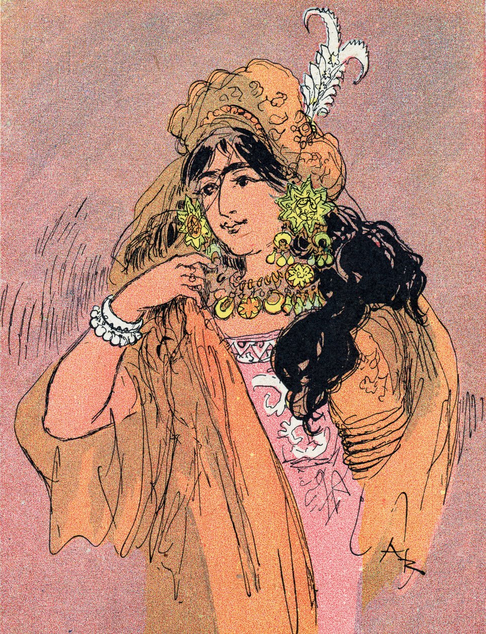 Retrato de la princesa Bradoulboudour (Retrato de la princesa Badroulbadour) Ilustración de Albert Robida (1848-1926) para el cuento "Aladino y la lámpara maravillosa" en "les mille et une nuits" (Ilustración para el cuento "Aladino" en "El libro de una Th de Albert Robida