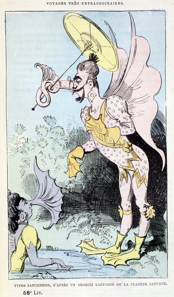 Tipos saturnianos de un boceto reportado del planeta Saturno (monstruos grotescos pseudo-antropológicos), parodia de Julio Verne, “Viajes muy extraordinarios de Saturnin Farandoul en 5 o 6 partes del mundo y en todos los países conocidos o desconocidos por de Albert Robida