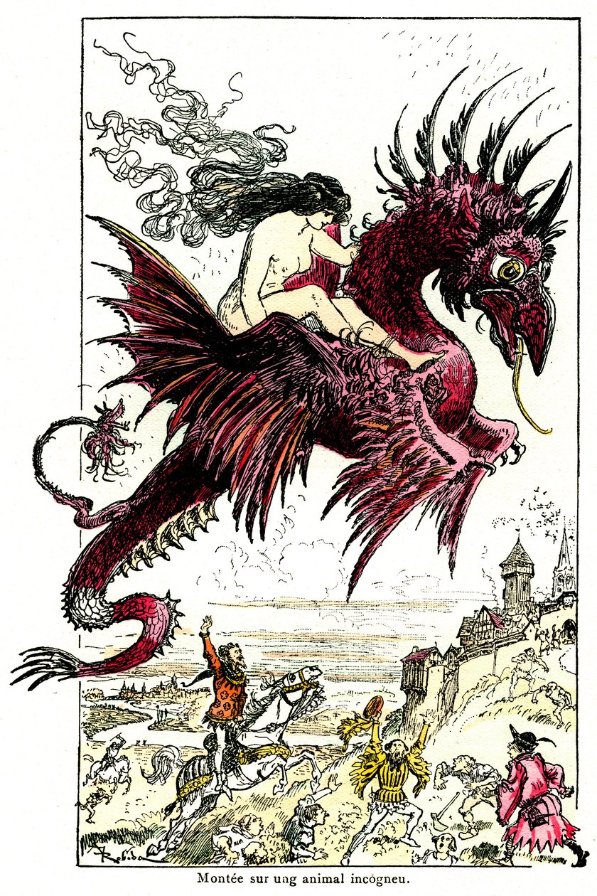 Súcubo: demonio femenino (mujer - hembra) cabalgando un dragón - ilustración de Albert Robida para los Cuentos Drolaticos de Honore de Balzac - principios del siglo XX de Albert Robida