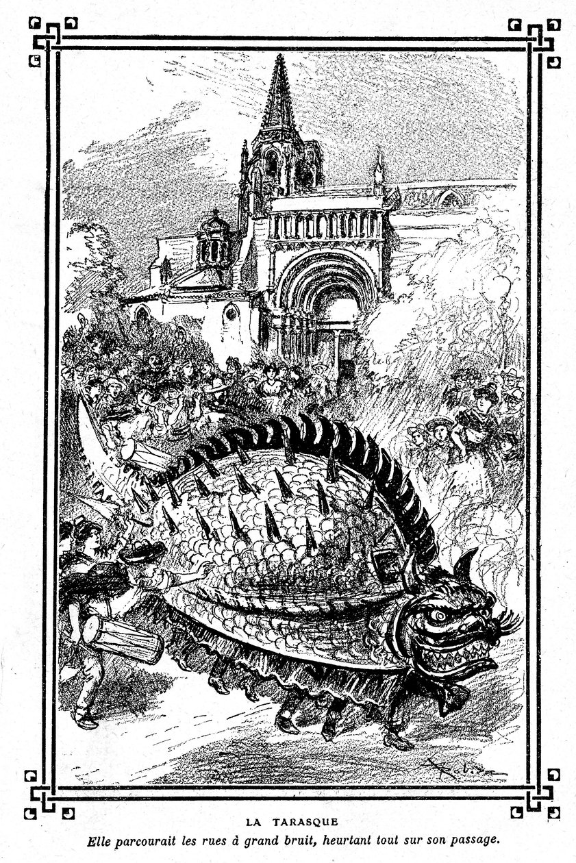 Tarasque de Tarascón, monstruo fabuloso del folclore de Provenza: ilustración de Albert Robida del libro escolar "Elección de lecturas" de A Mironneau, Librairie Armand Colin 1911 - de Albert Robida