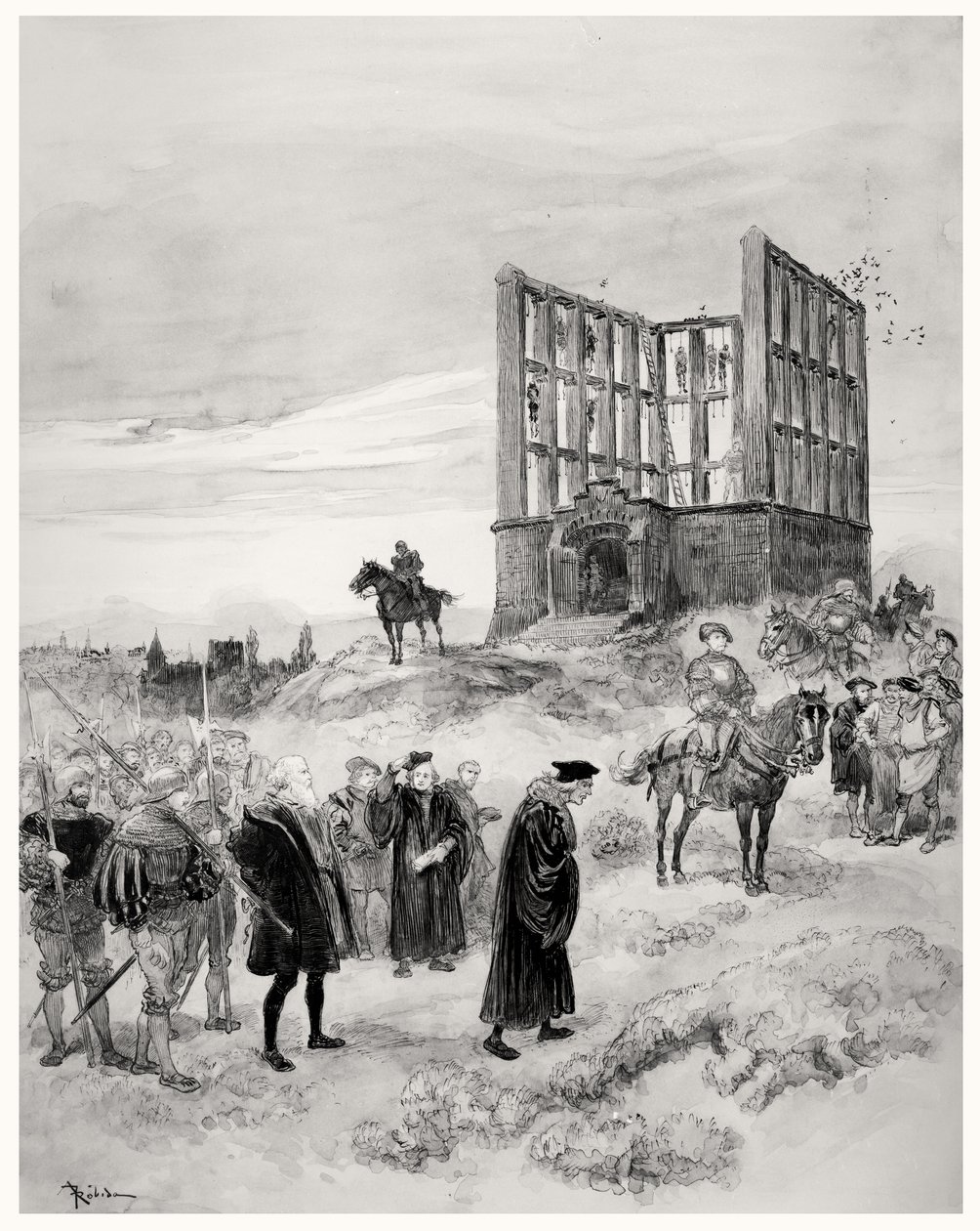 El Superintendente Jacques de Semblancay (c.1445-1527) condenado a muerte, subiendo al patíbulo de Montfaucon, 1909 de Albert Robida