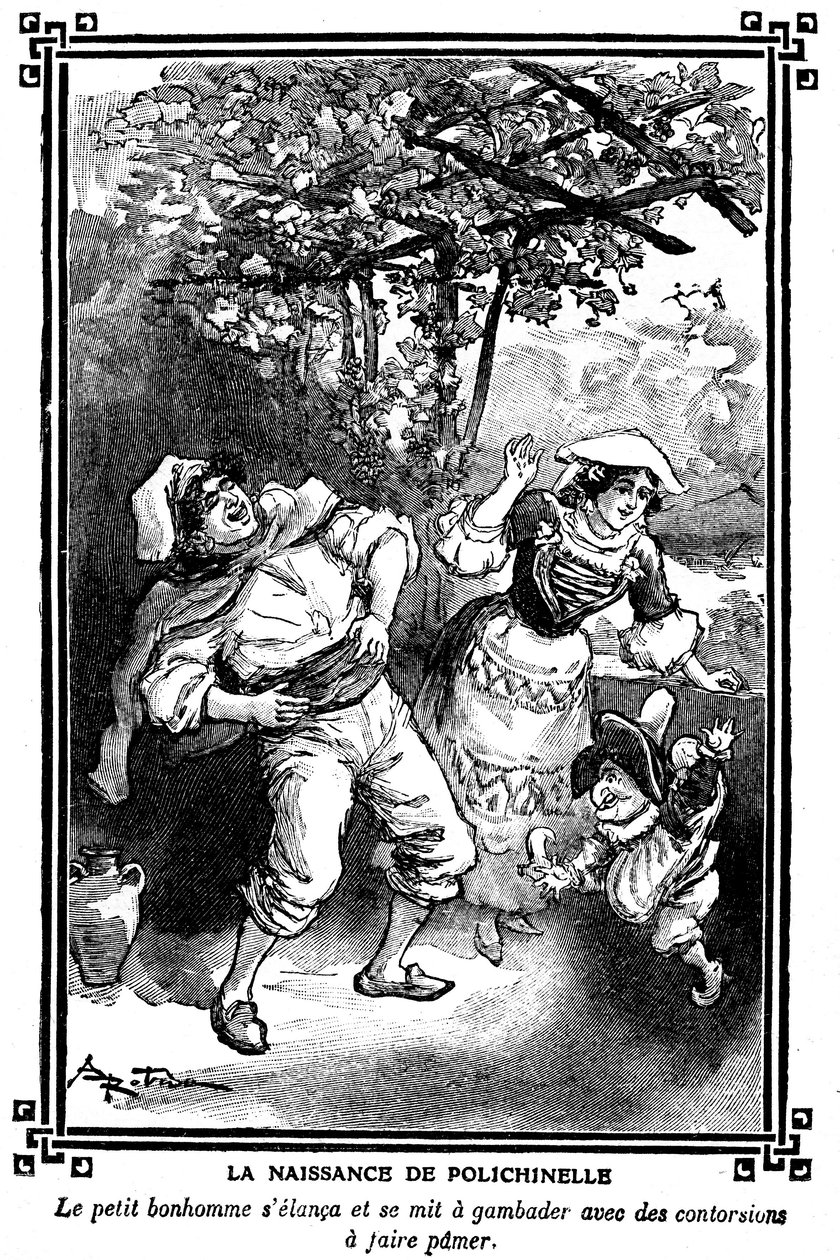 El nacimiento de Polichinela. Dibujo de Albert Robida (1848-1926) en un libro de lecturas infantiles 1920-1930. de Albert Robida