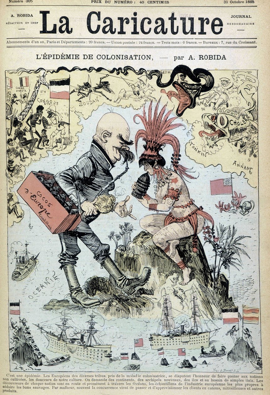 La epidemia de colonización: dibujo anticolonialista por Robida - en "La Caricature" del 31/10/1885 de Albert Robida
