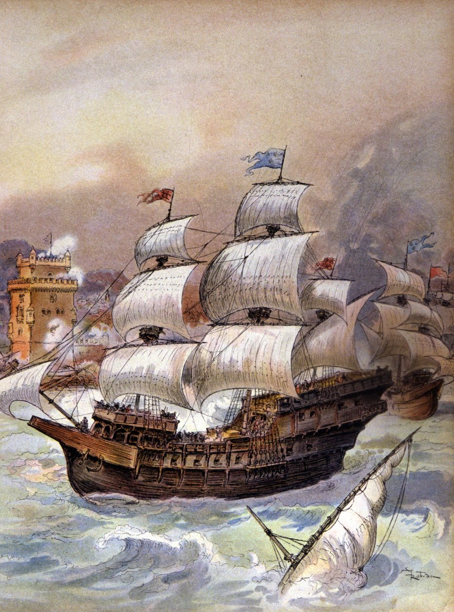 La flota de Jean Ango bloquea el Tajo y amenaza Lisboa, c.1909 (ilustración) de Albert Robida