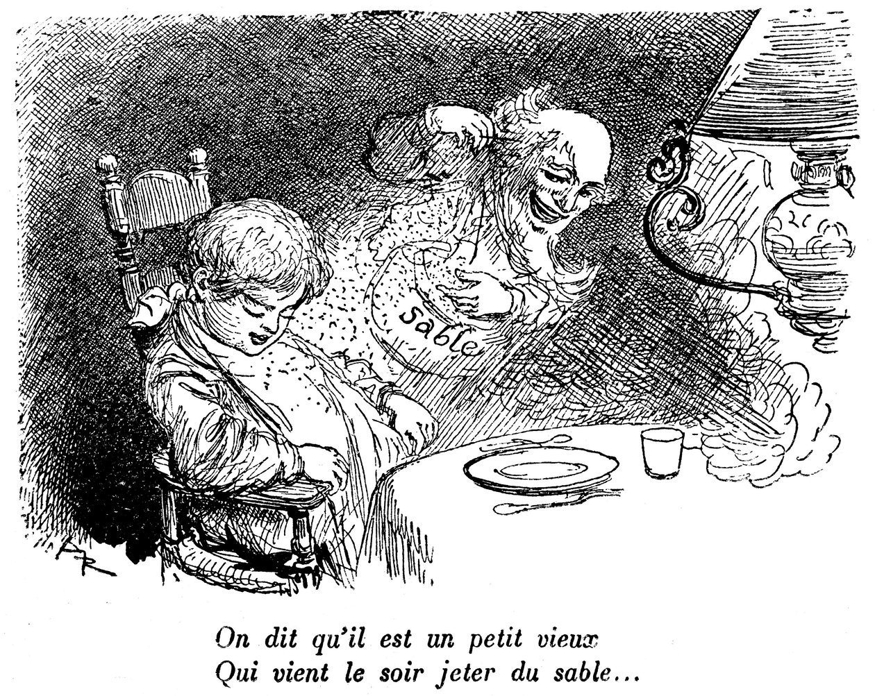 ¡El mercader de arena ha pasado! Niño dormido después de comer. Duerme. "Dicen que es un viejecito que viene a echar arena por la noche...". Dibujo de Albert Robida (1848-1926) en un libro de lecturas infantiles 1920-1930. de Albert Robida