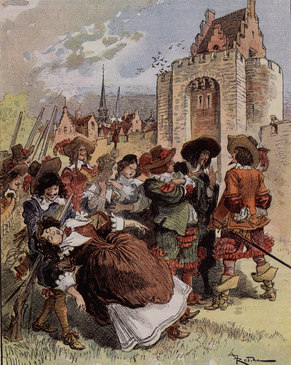 La timidez del Capitán Bellormeau - “Madame de Malicorne cayó en los brazos de un sargento”. Personaje del libro de Albert Robida. Portada “El Pequeño Francés ilustrado” del 20/01/1900. de Albert Robida