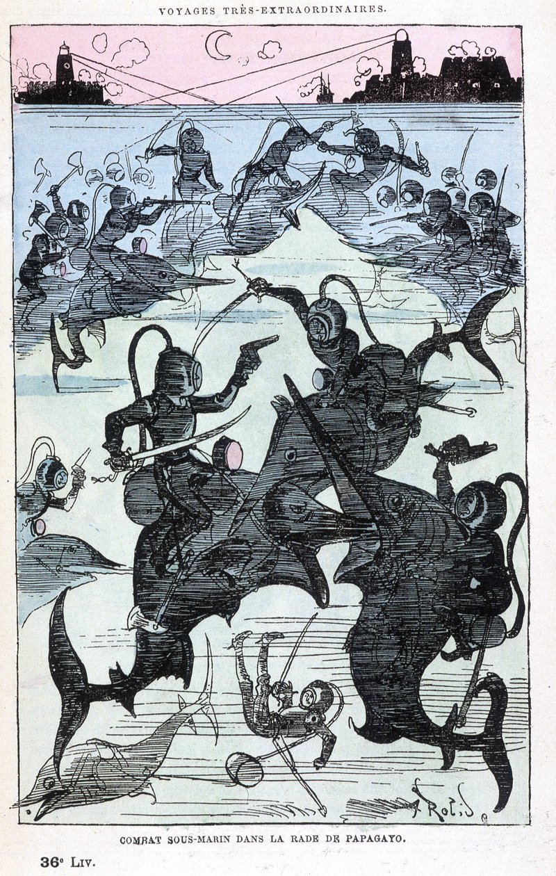 Combate submarino en la bahía de Papagayo (escafandristas montando peces), parodia de Jules Verne, "Viajes muy extraordinarios de Saturnin Farandoul en 5 o 6 partes del mundo y en todos los países conocidos o desconocidos por el Sr. Jules Verne" por Robida de Albert Robida