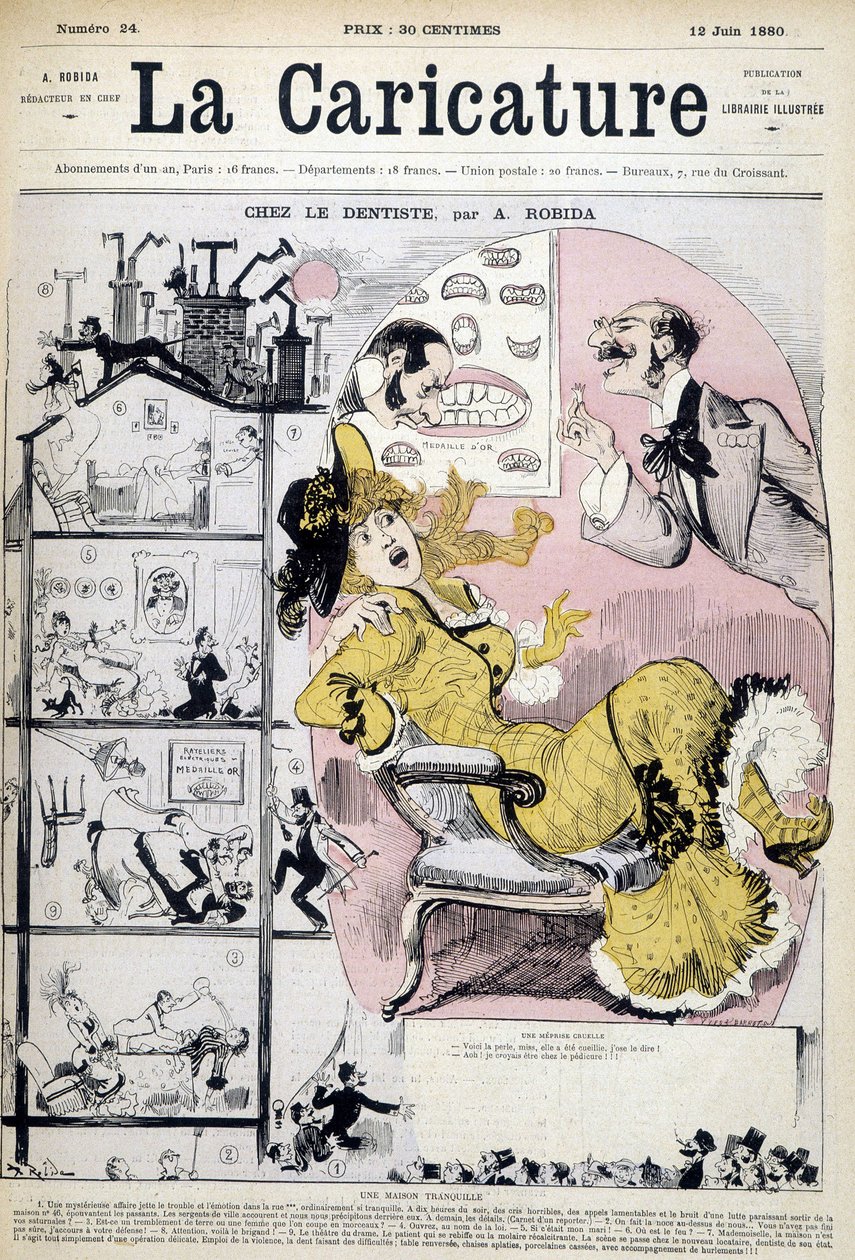 Mujer en el dentista - por Robida, en "La caricatura" del 12/06/1880 de Albert Robida