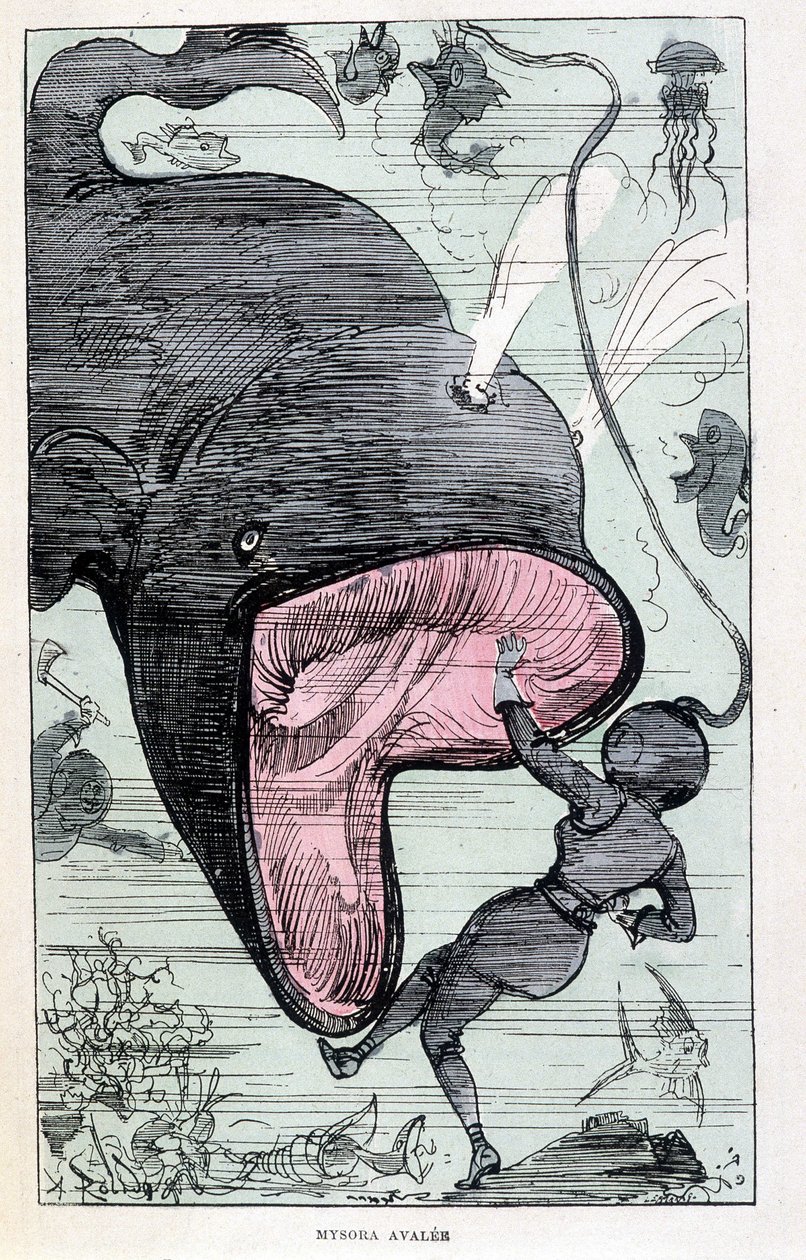 Mujer en un escafandro siendo tragada por una ballena, parodia de Jules Verne, “Viajes muy extraordinarios de Saturnin Farandoul en 5 o 6 partes del mundo y en todos los países conocidos o desconocidos por M. Jules Verne” por Robida, París de Albert Robida
