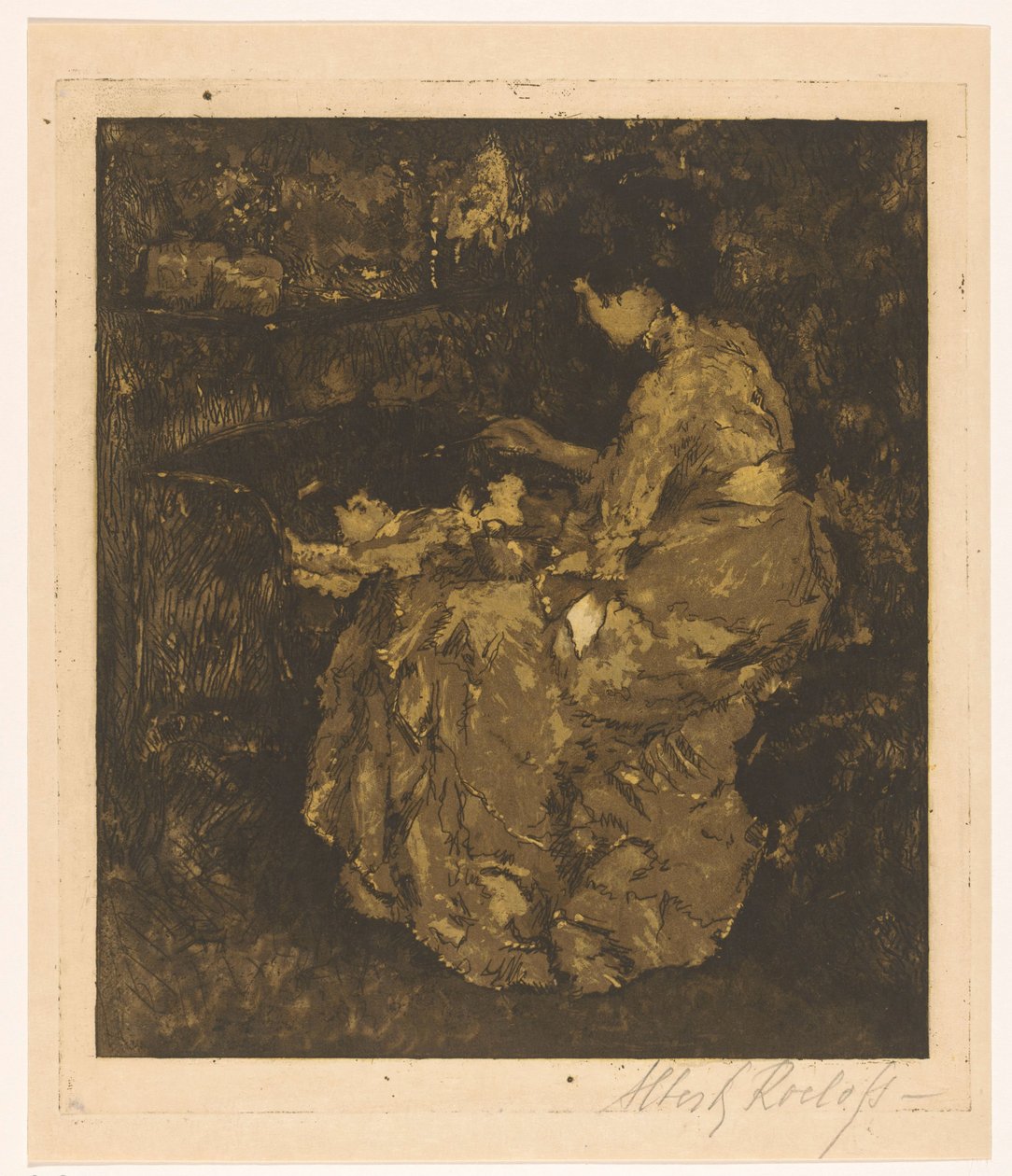 Mujer dando de comer papilla a un niño en una cuna de Albert Roelofs (signed by artist)