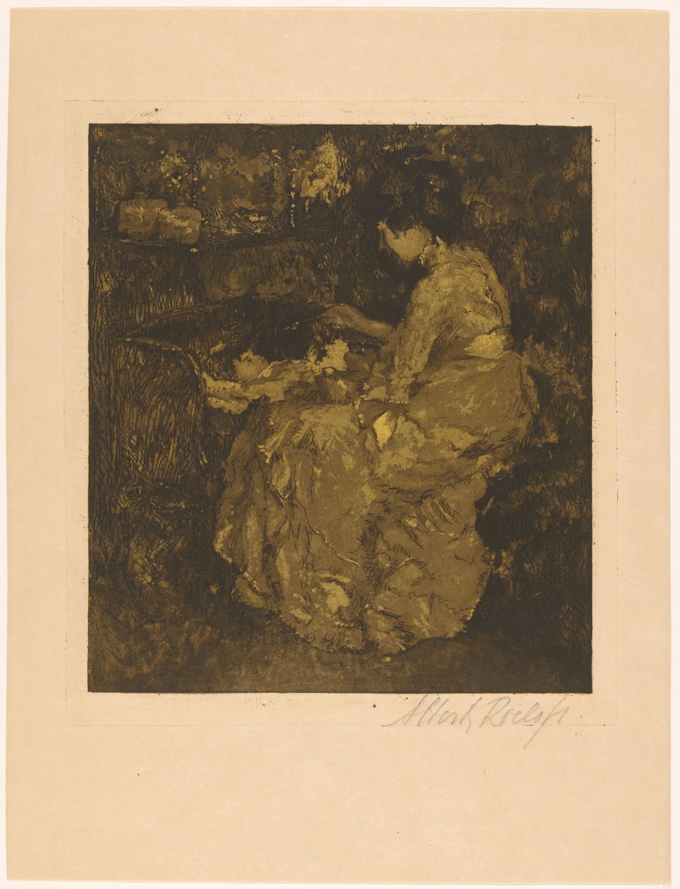 Mujer dando de comer papilla a un niño en una cuna de Albert Roelofs (signed by artist)