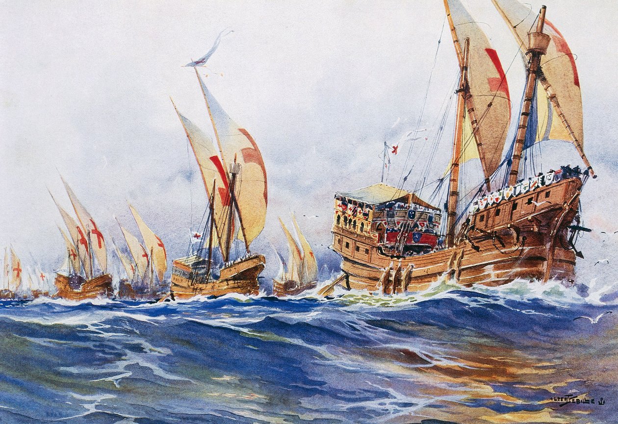 Barcos franceses del rey Luis IX durante la octava cruzada en 1268, acuarela de Albert Sebille (1874-1953) de Albert Sébille
