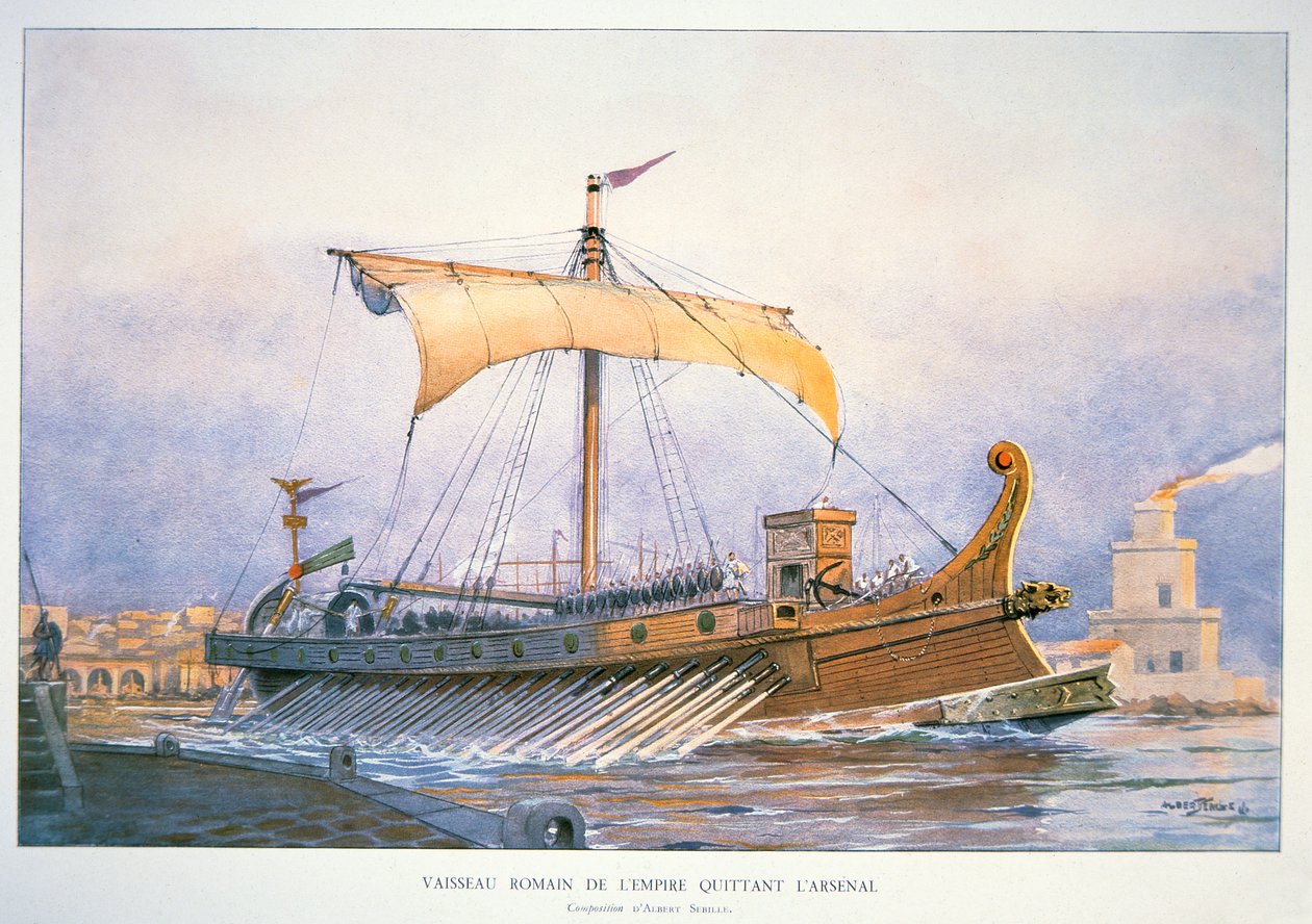 Barco imperial romano saliendo del puerto, c.1930 (litografía en color) de Albert Sébille