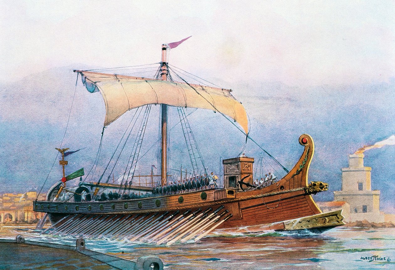 Barco de época imperial romana saliendo del arsenal, acuarela de Albert Sebille (1874-1953) de Albert Sébille