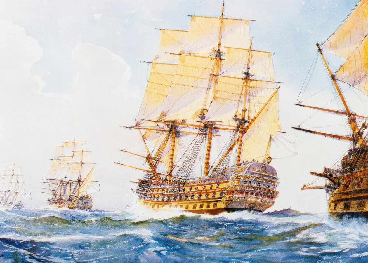 Barcos del siglo XVIII en fila india a sotavento por estribor de Albert Sébille