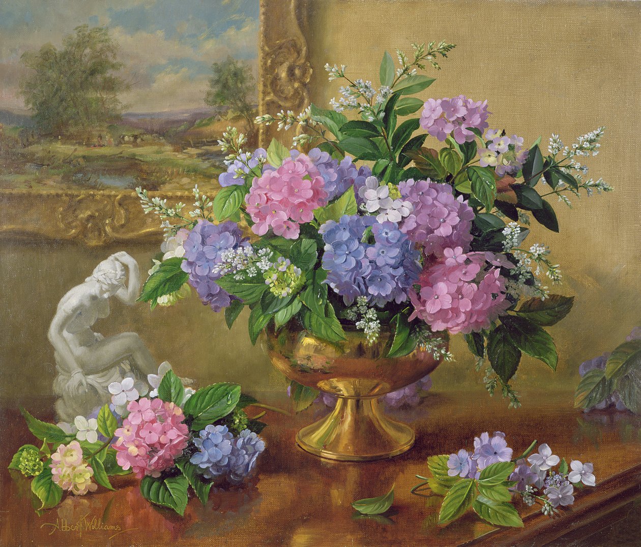 Naturaleza muerta de hidrangeas y lilas AB211B de Albert Williams
