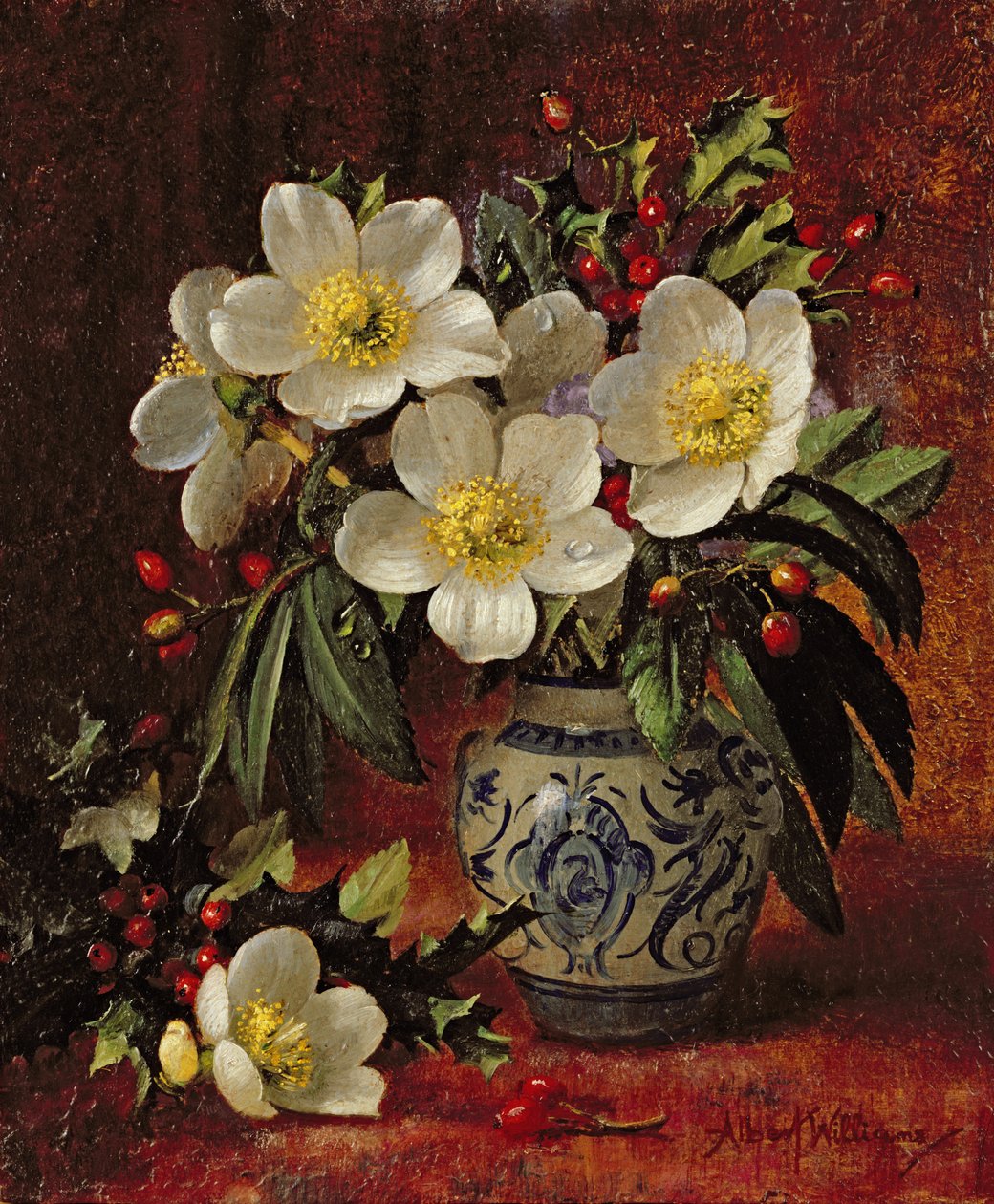 Naturaleza muerta de rosas de Navidad y acebo AB249 de Albert Williams