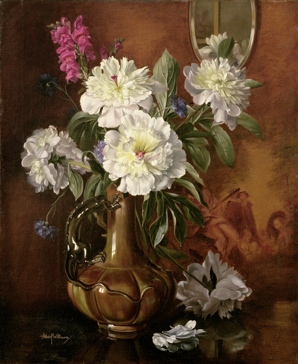 Peonías blancas en un jarrón victoriano esmaltado de Albert Williams
