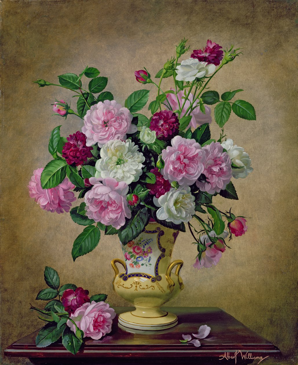 Rosas y Dalias en un Jarrón de Cerámica de Albert Williams