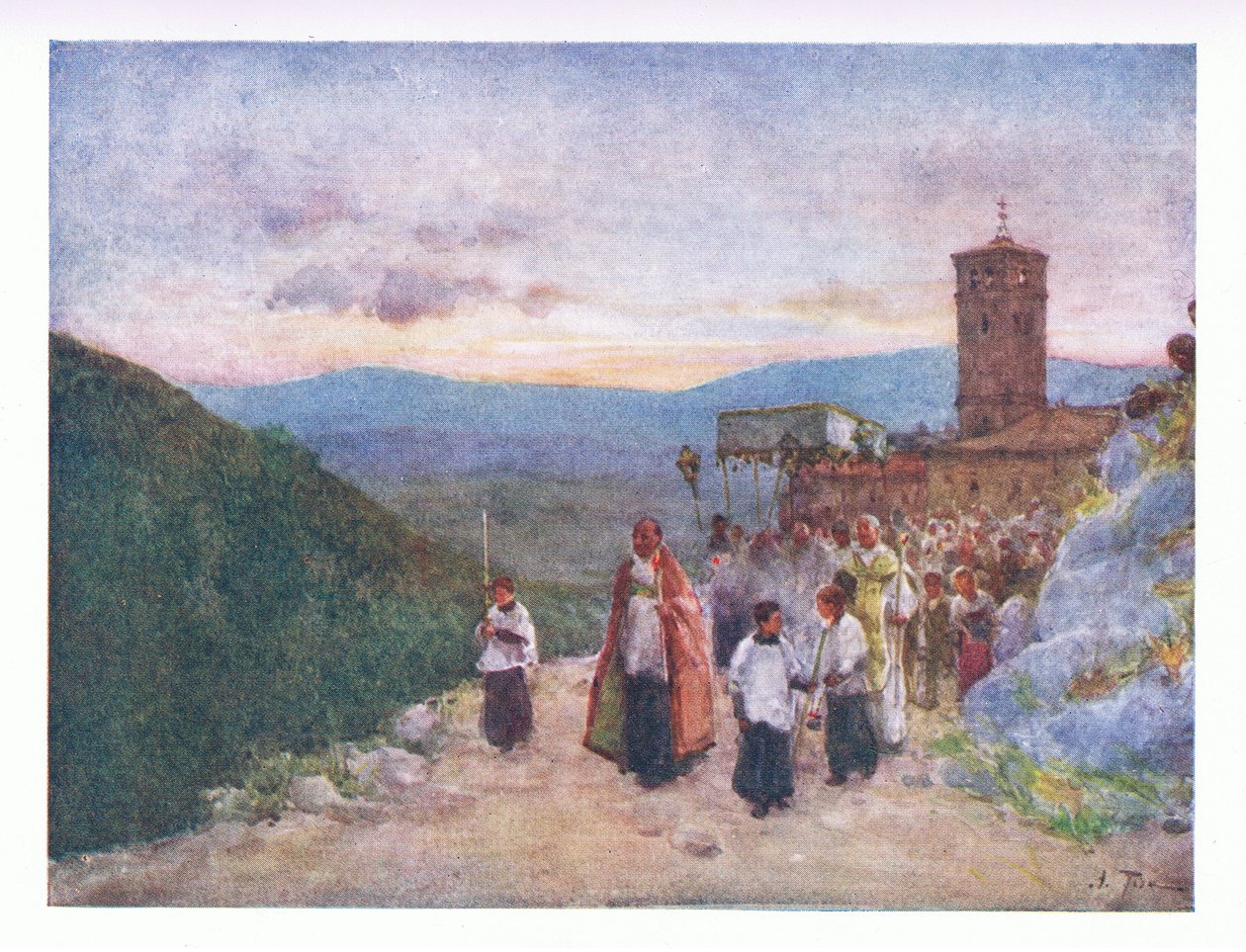 Procesión con la hostia en Subiaco, de Roma publicada por A & C Black Ltd, 1925 de Alberto Pisa