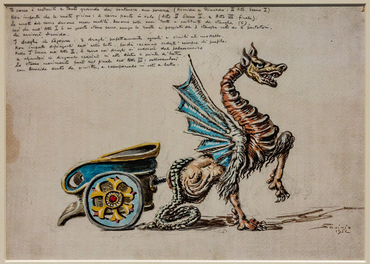 Acto II, primera escena y tercer acto, equipo escénico: El carro de Armida para Armida de G. Rossini. de Alberto  Savinio