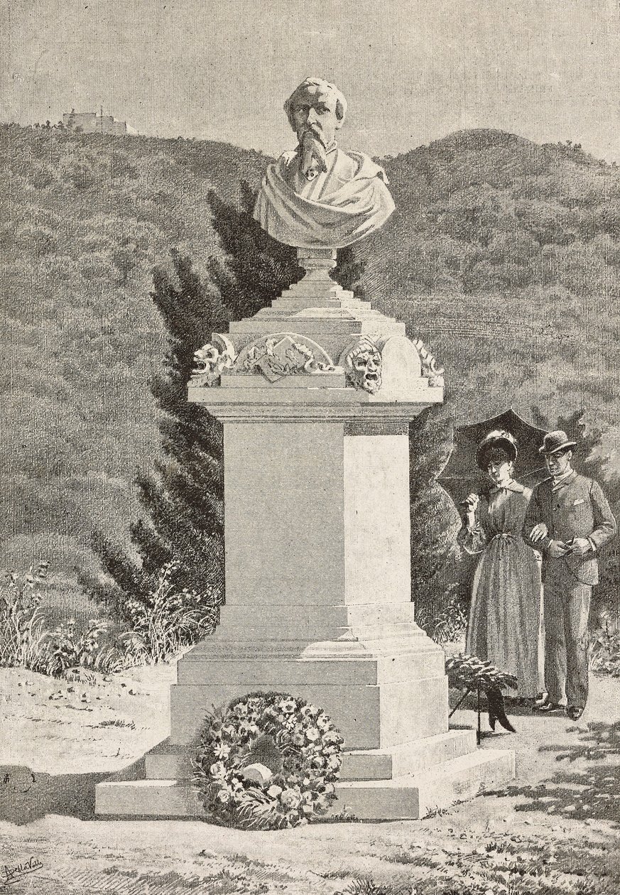 Monumento a Paolo Giacometti (1816-1882) en el cementerio de Staglieno, Génova, Italia, grabado a partir de un dibujo de Alberto della Valle, de L