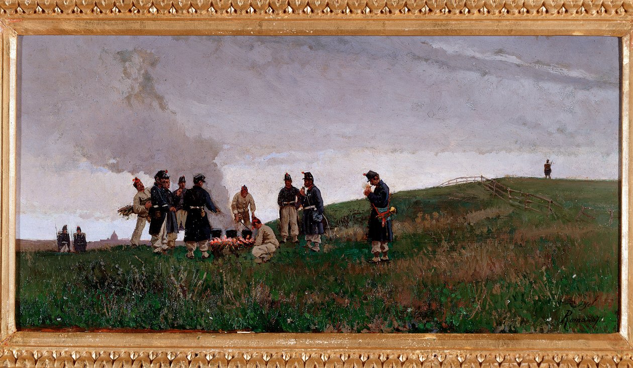 Alrededor del fuego. Vivac de soldados del ejército italiano (óleo sobre lienzo) de Alberto Issel