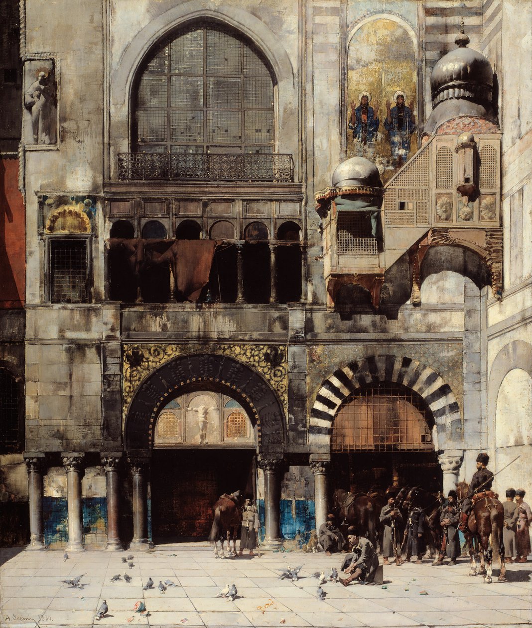 Caballería circasiana esperando a su oficial al mando en la puerta de un monumento bizantino de Alberto Pasini