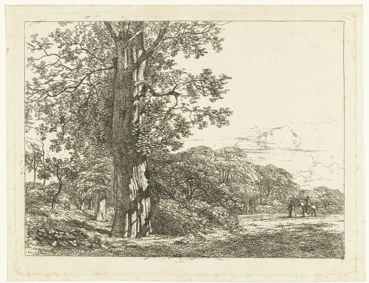 Paisaje con gran haya y jinete en conversación con el hombre. de Albertus Brondgeest