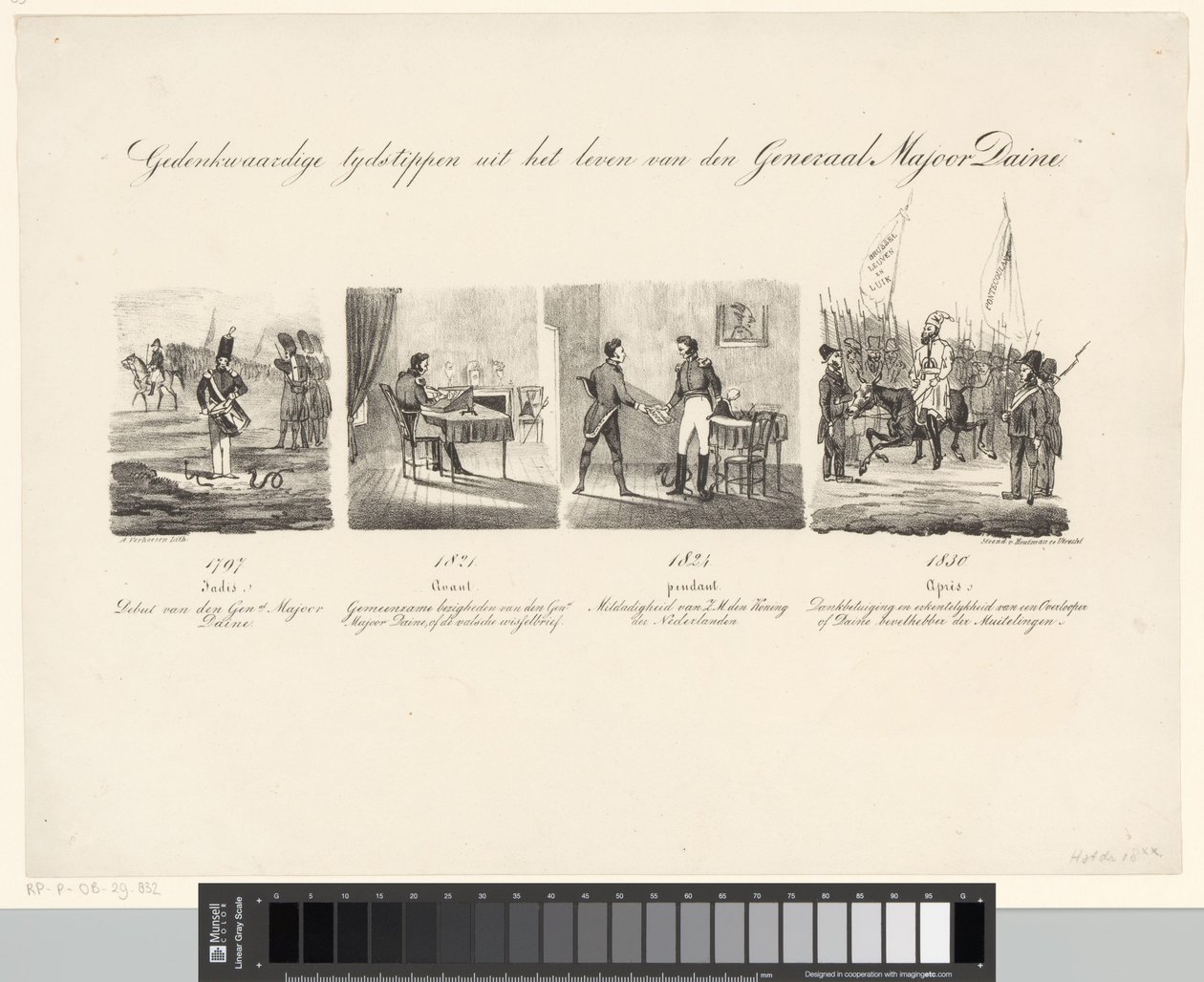 Caricatura sobre el general Daine Momentos memorables en la vida del mayor general Daine (título sobre el objeto) de Albertus Verhoesen