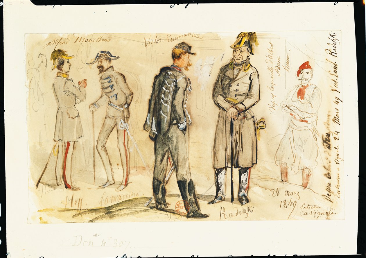 El Rey Vittorio Emanuele II (1820-78) Reuniéndose con Joseph Radetsky von Radetz (1766-1858) en Vignale, 24 de marzo de 1849 de Albrecht Adam