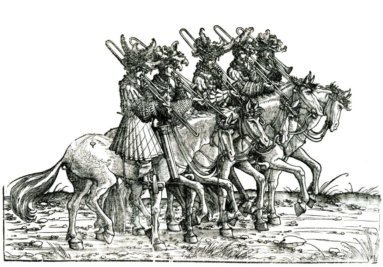 Cinco músicos con trombones, de la Procesión Triunfal del Emperador Maximiliano I, c.1517 de Albrecht Altdorfer