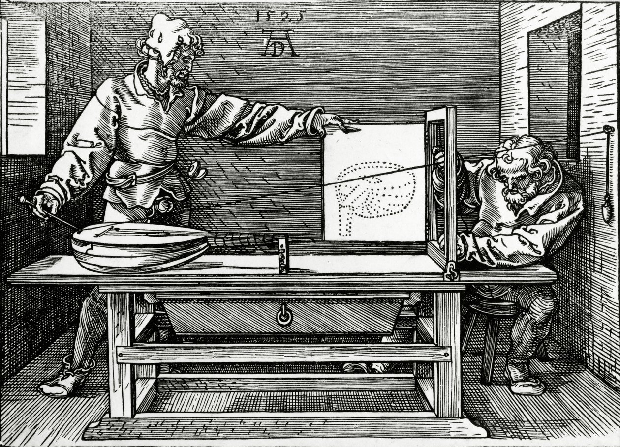 Un artista dibujando un laúd con la ayuda de un aparato de perspectiva, ilustración de 