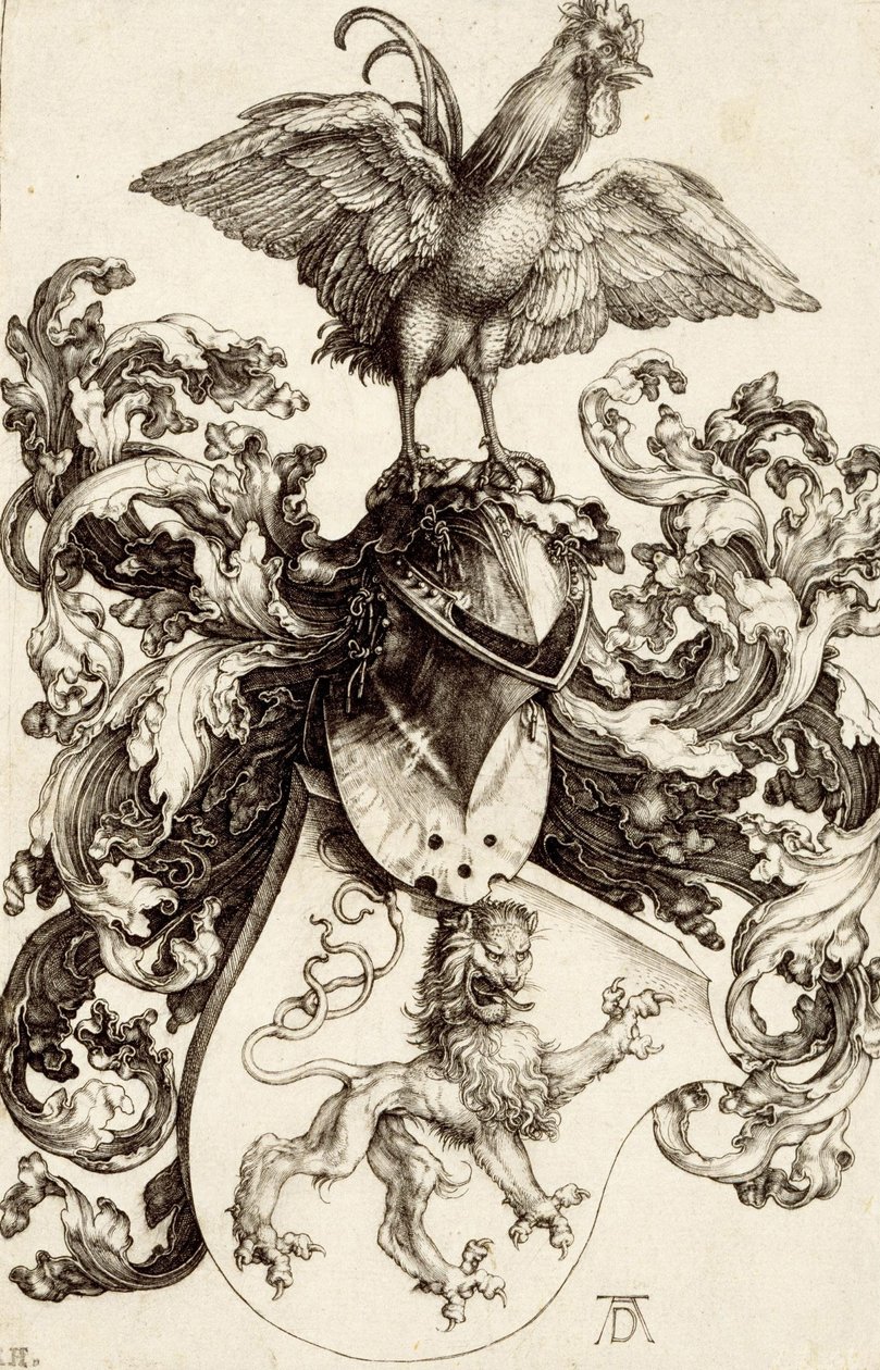 Escudo de armas con un león y un gallo de Albrecht Dürer