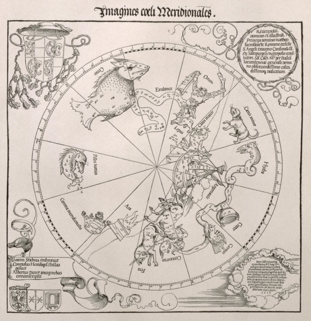 Mapa del cielo del sur, con representaciones de constelaciones, decorado con el escudo del Cardenal Lang von Wellenburg, y una dedicatoria a él con sus escudos de armas y el copyright imperial, 15 de Albrecht Dürer