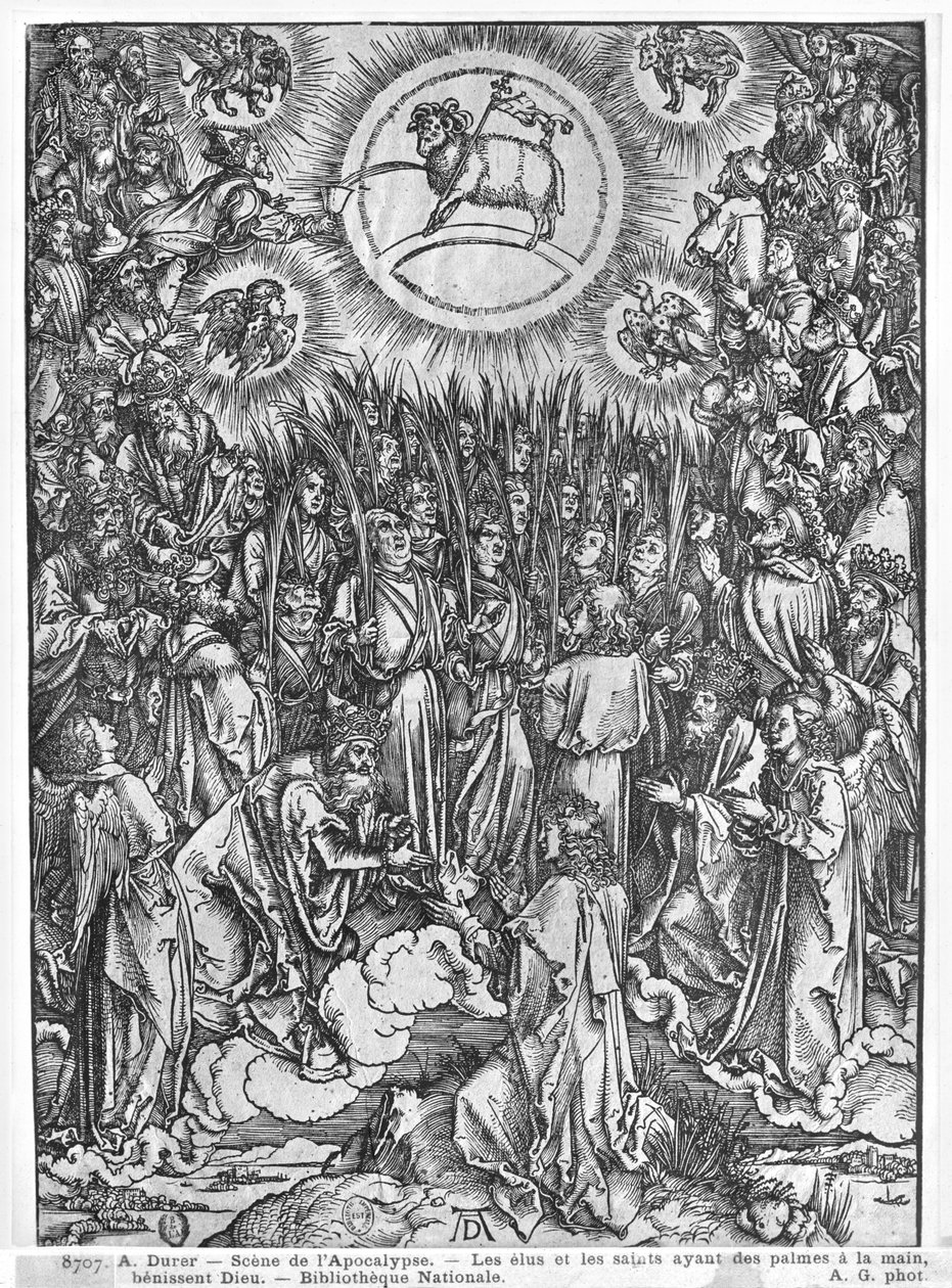 Escena del Apocalipsis, Adoración del Cordero, edición alemana, 1498 de Albrecht Dürer