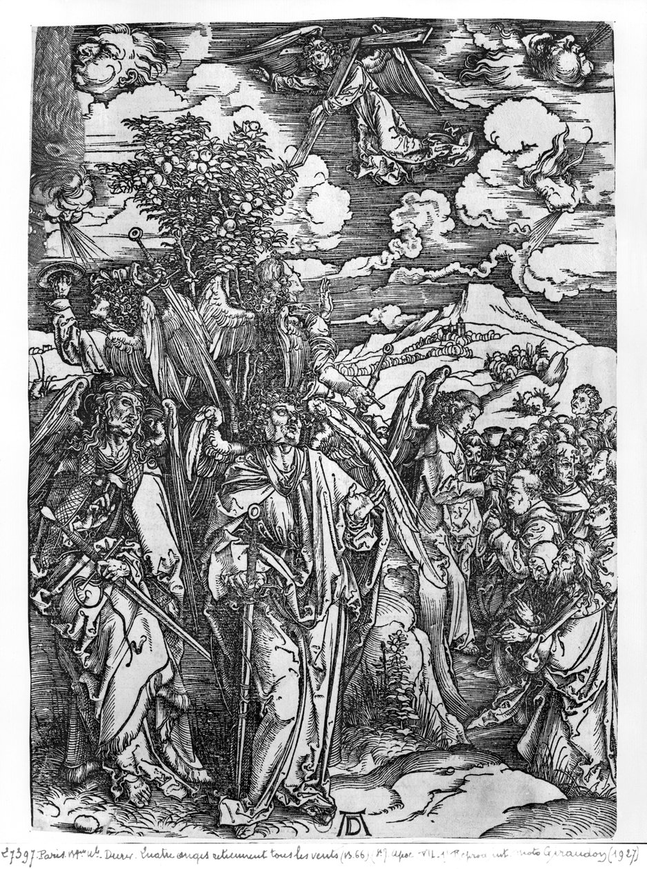 Escena del Apocalipsis, Los Cuatro Ángeles sosteniendo los vientos, edición latina, 1511 de Albrecht Dürer