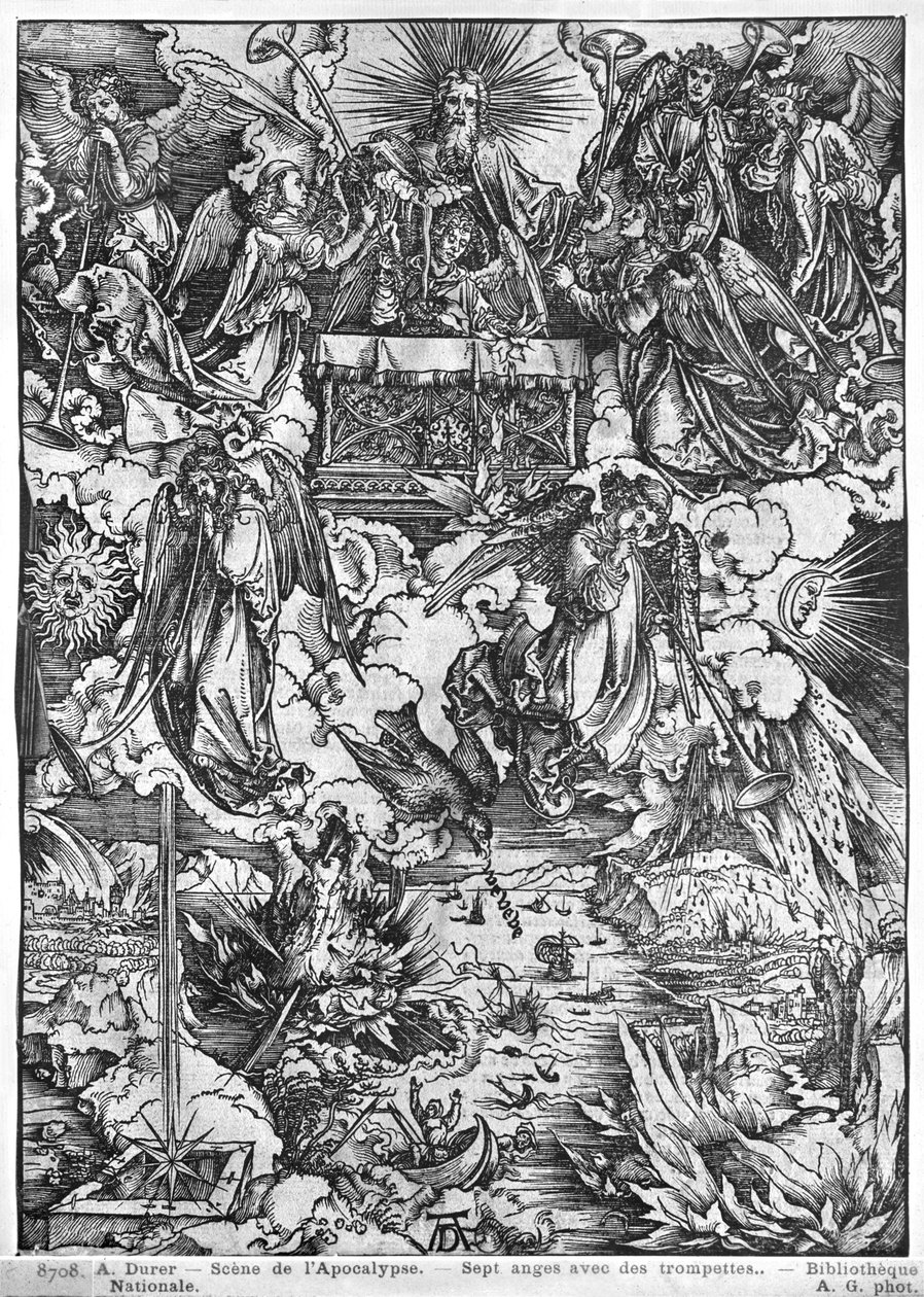 Escena del Apocalipsis, La Apertura del Séptimo Sello, Los Siete Ángeles con las trompetas, edición latina, 1511 de Albrecht Dürer