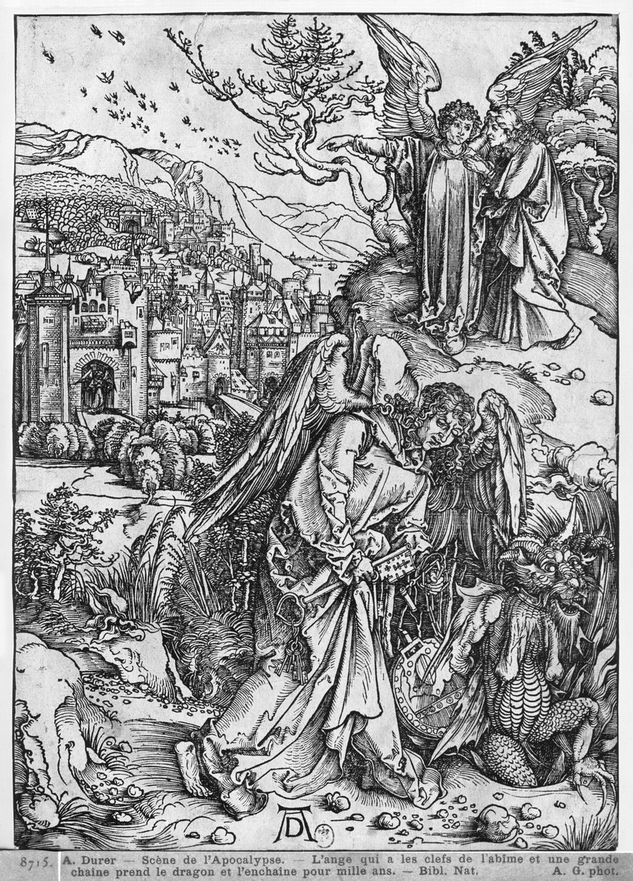 Escena del Apocalipsis, El ángel sosteniendo las llaves del abismo y una gran cadena, encadena al dragón por mil años, edición latina, 1511 de Albrecht Dürer