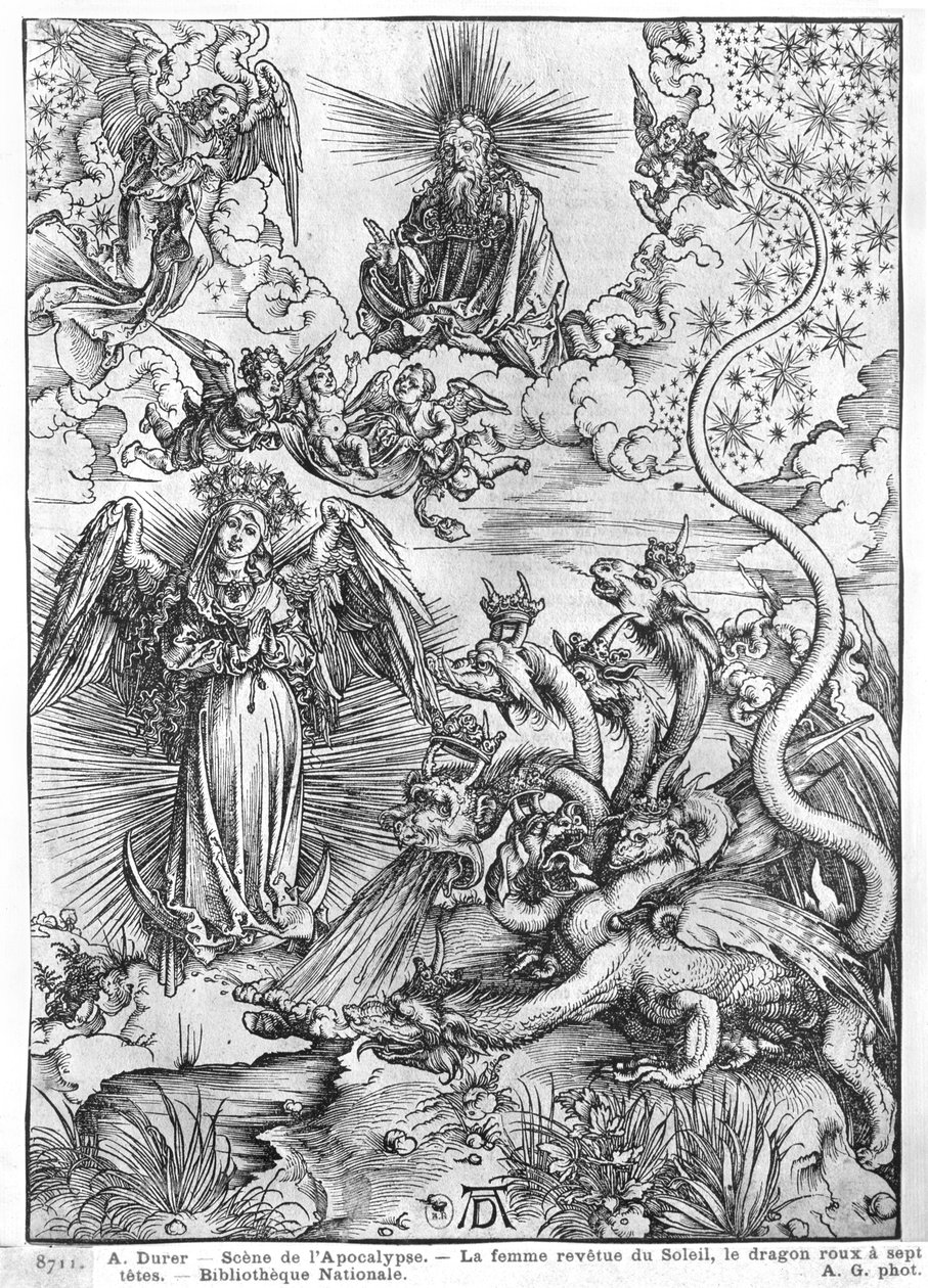 Escena del Apocalipsis, La mujer vestida del sol y el dragón de siete cabezas, edición latina, 1511 de Albrecht Dürer