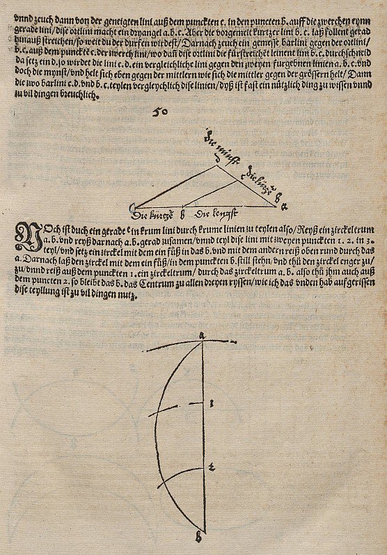 División de un segmento en una proporción dada por dos otros segmentos e intento de trisección de Albrecht Dürer