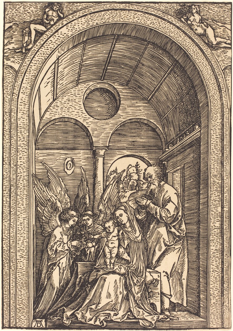 La Sagrada Familia con Dos Ángeles en un Salón Abovedado de Albrecht Dürer