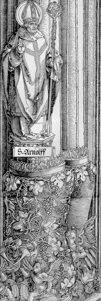 El Arco Triunfal del Emperador Maximiliano I de Alemania (1459-1519): detalle de la columna de la puerta izquierda que muestra la estatua de San Arnulfo (d.643) con una vid debajo y querubines tocando trompetas de Albrecht Dürer