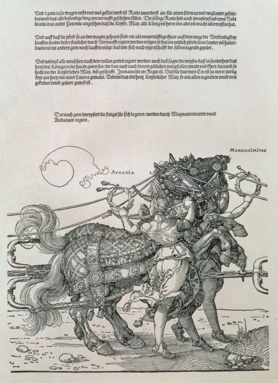 Carro triunfal del emperador Maximiliano I de Alemania (1459-1519): detalle de los equipos de caballos, guiados por dos Virtudes, Magnanimidad y Audacia de Albrecht Dürer