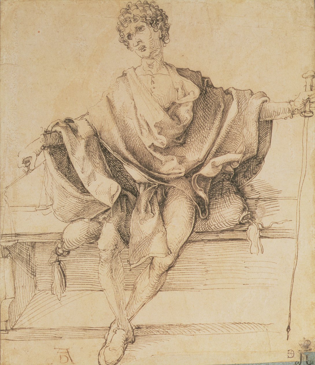 Joven sentado con balanza y bastón, 1498 de Albrecht Dürer